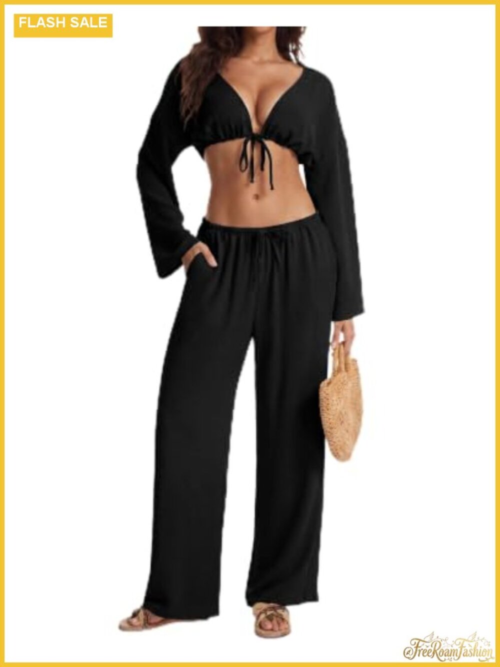 Women's 2 Piece Swimsuit Cover Up Set Long Sleeve Crop Top Wide Leg Pants Beach
